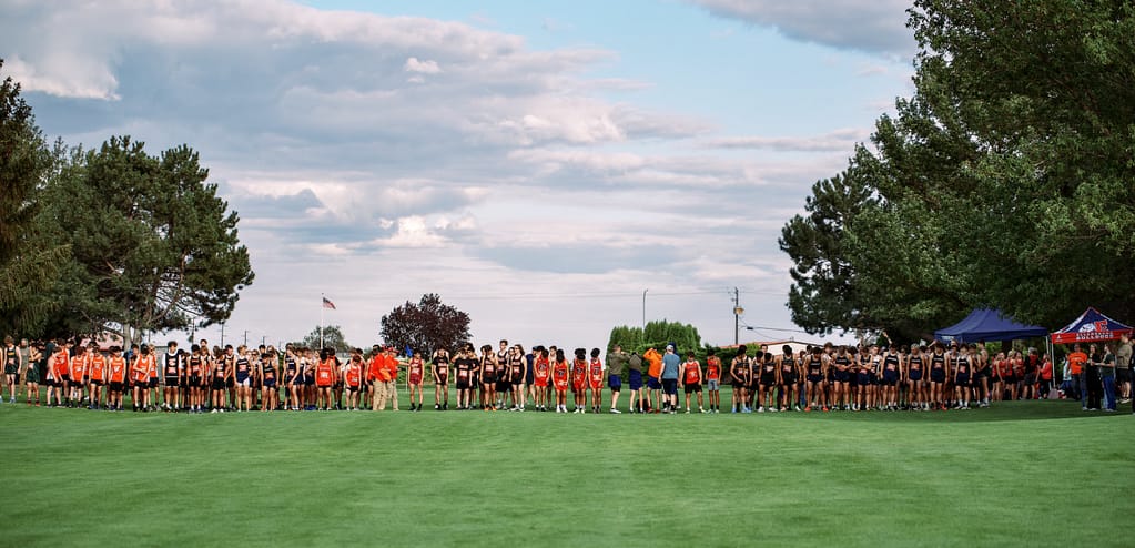 Wide shot of start line of a cross country meet